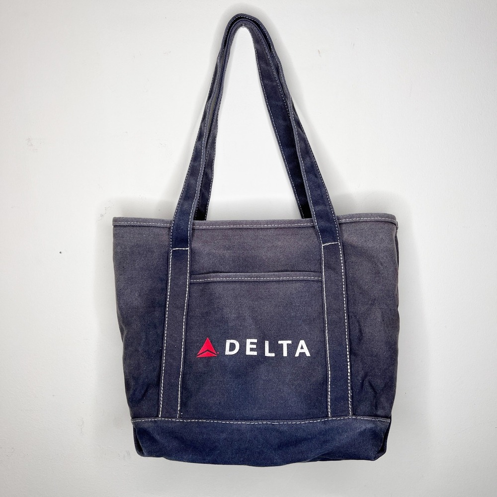 Blue Faded Canvas Tote Bag Delta Airlines Heavy Duty Utility Top‎ Handle Coastal